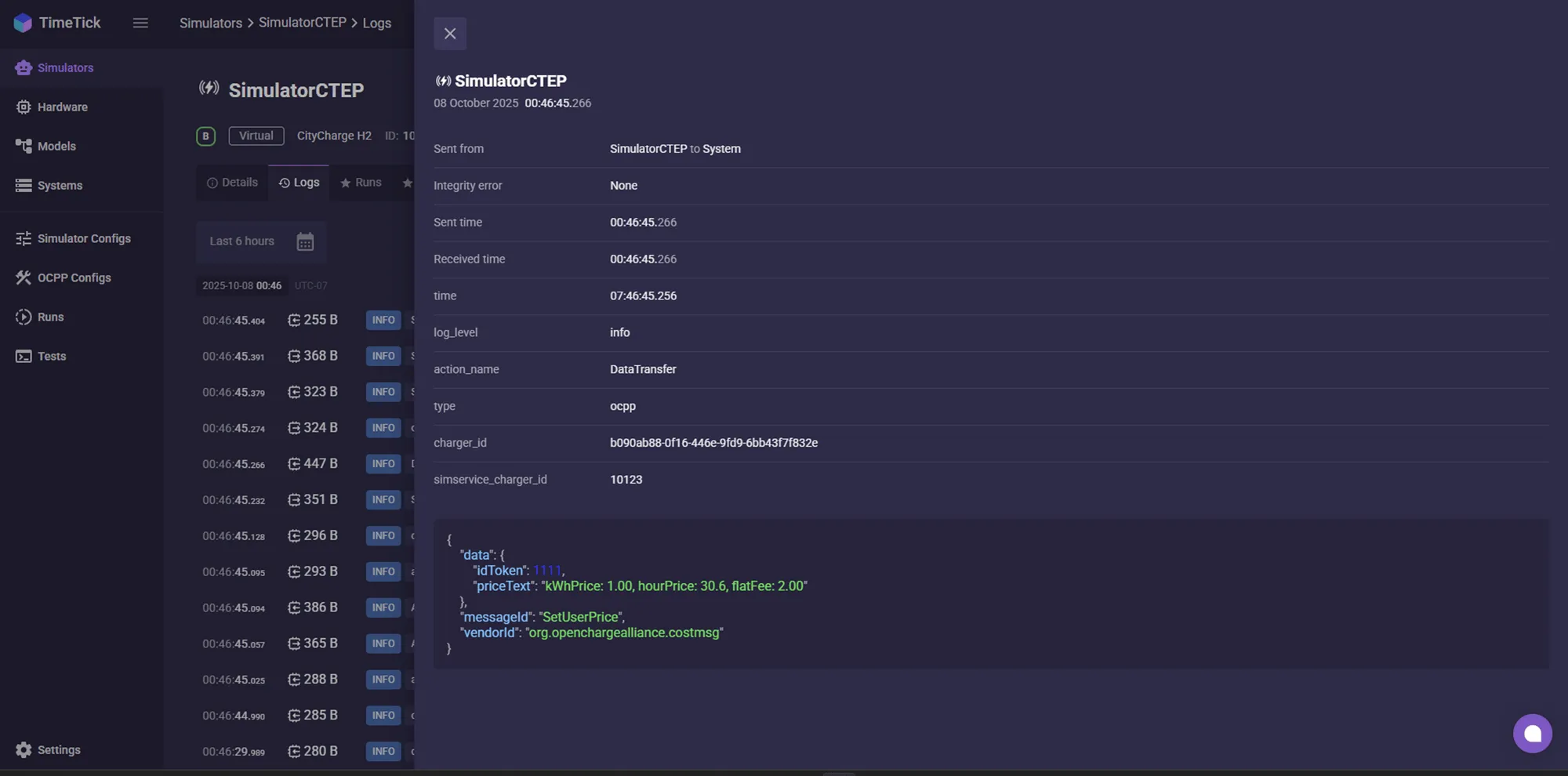 TimeTick simulator log with a California pricing SetUserPrice DataTransfer message